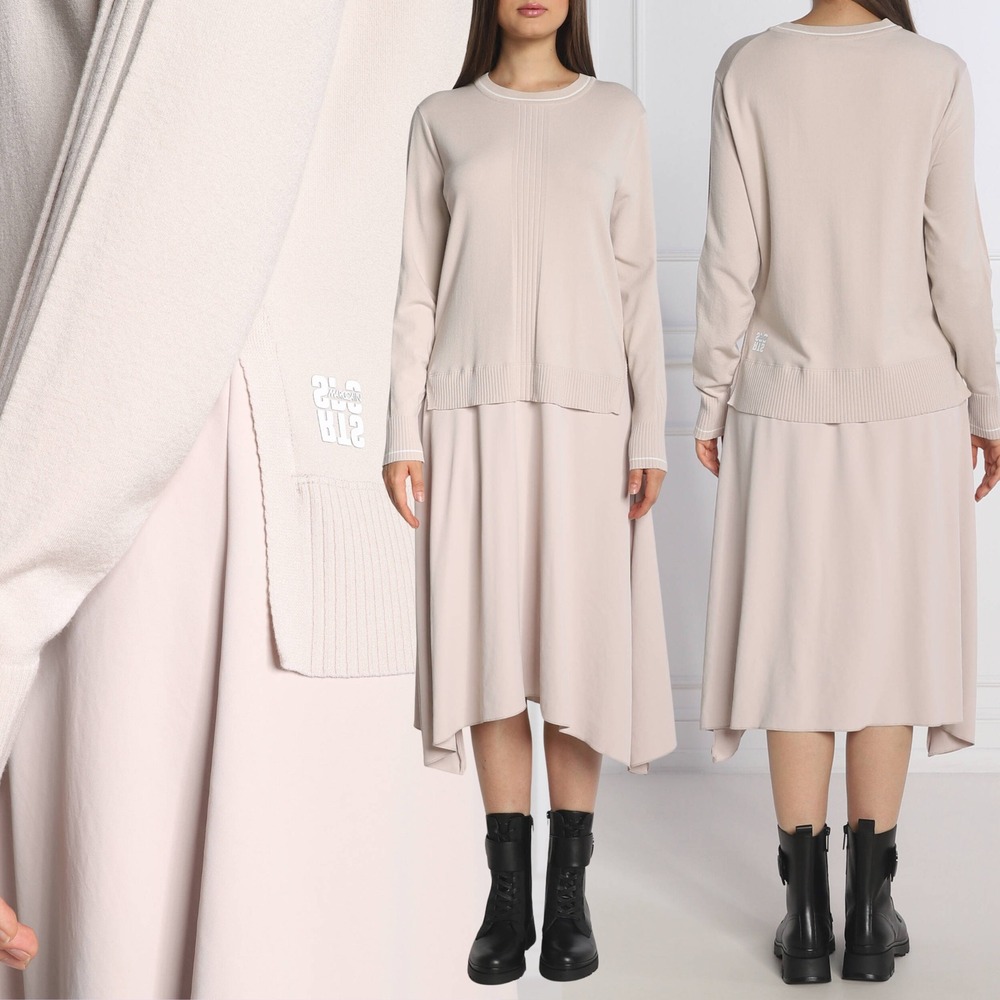 Marc Cain Beige Knit Layered Midi Dress, N4 Large | Long Sleeve German Office